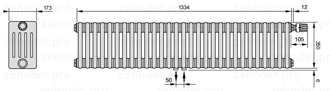 Схема (чертеж) Радиатор Zehnder Charleston 5035/29 №V008 Белый глянцевый RAL 9016
